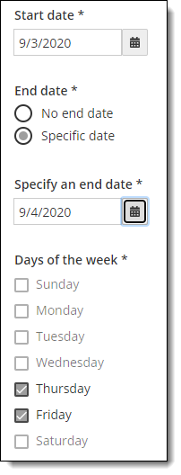 Select days of the week for open rule with specific end date.